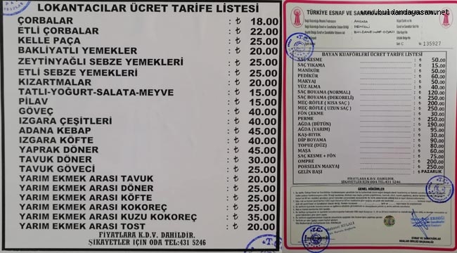 LOKANTALAR VE KADIN BERBERLERİ DE FİYATLARINI GÜNCELLEDİ