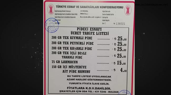 PİDECİLERDE DE FİYATLAR GÜNCELLENDİ